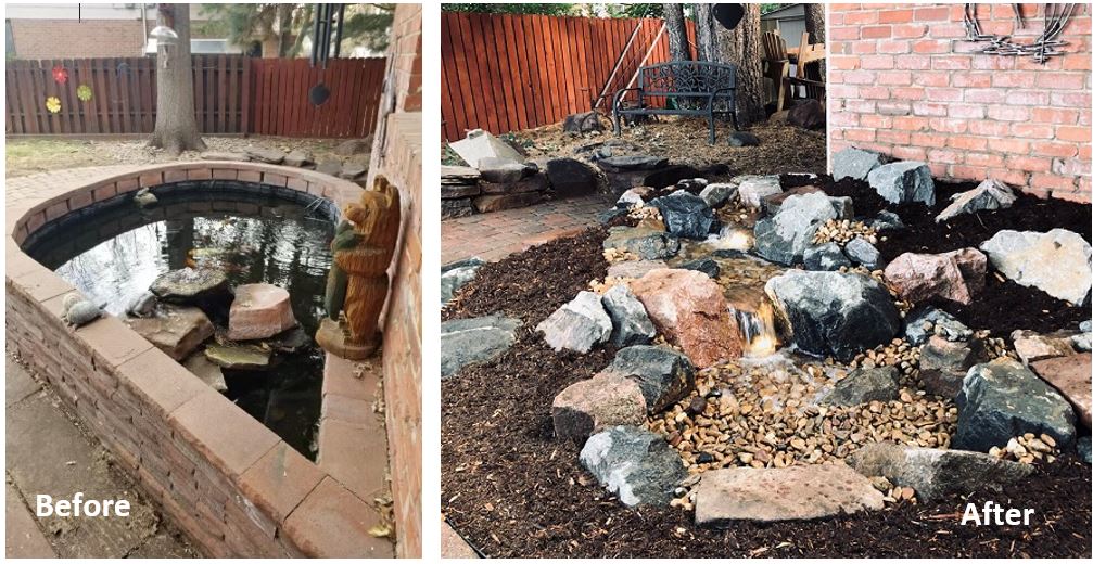 Pond installation and landscaping before and after from Colorado Pond Pros.