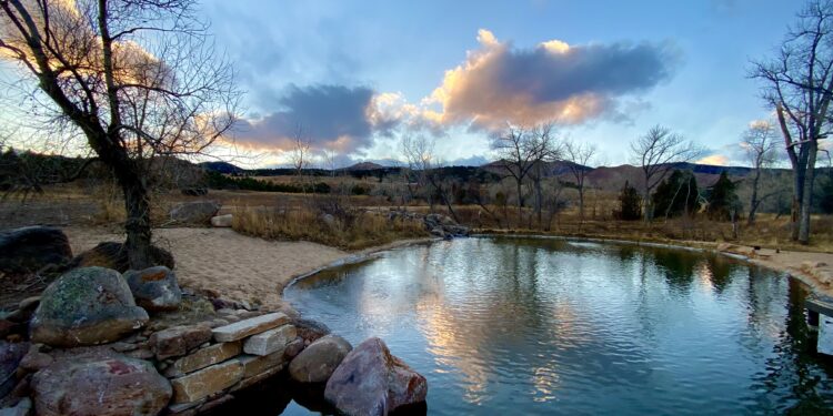 Backyard swim pond at sunset.