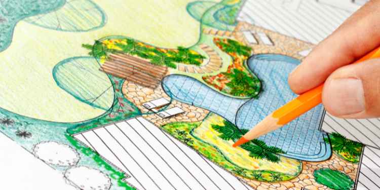 Hand sketching a vibrant pond decoration plan, focusing on sustainable and aesthetic ideas.